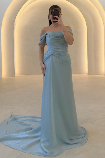 Off-the-Shoulder Draped Evening Gown with Corset Back