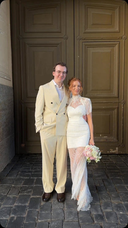 High-Neck Lace Sheath Wedding Dress with Sheer Skirt