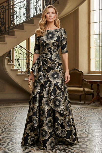 Floral Jacquard Evening Gown with Side-Draped Ruffle Skirt