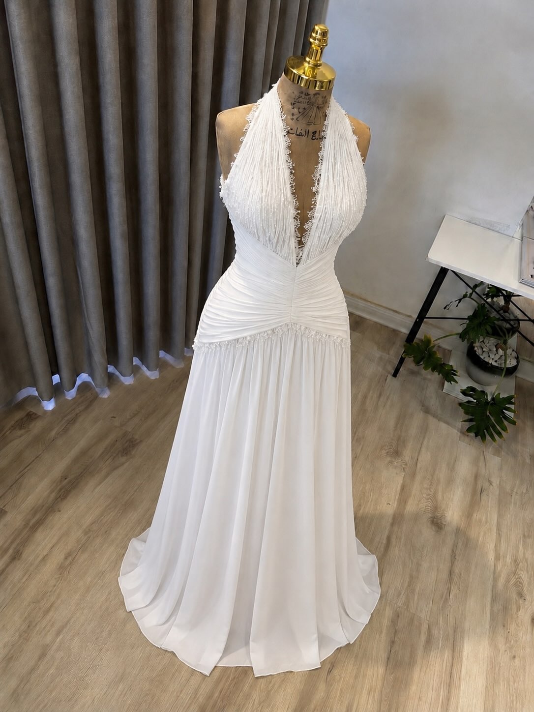 Fringe Halter Neck Ruched Chiffon Wedding Dress