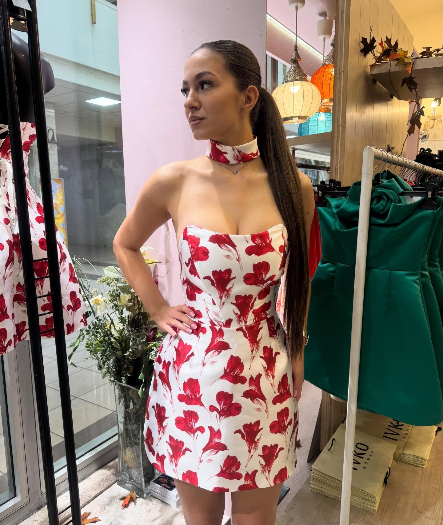 Strapless Floral Print Mini Dress with Choker