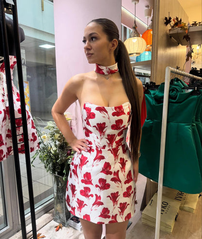 Strapless Floral Print Mini Dress with Choker