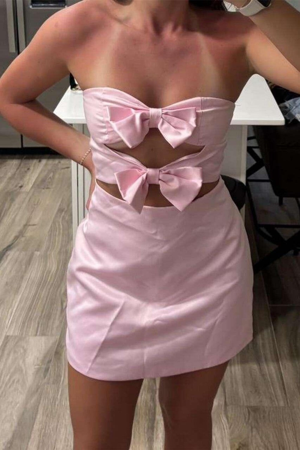 Strapless Double Bow Cut-Out Satin Mini Dress