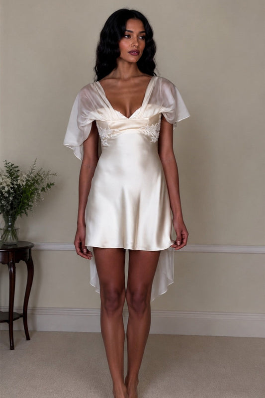 Satin Slip Mini Dress with Sheer Cape Sleeves