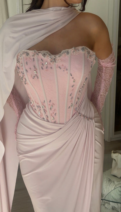 Corset Gown with Scarf Neckline and Gloves