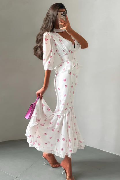 Floral Print Mermaid Midi Dress with Ruffle Hem