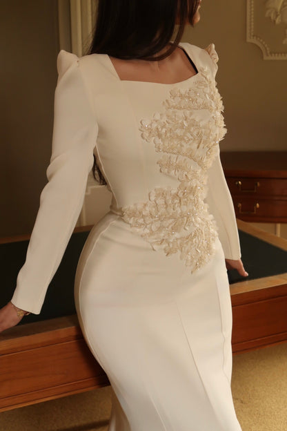 Floral Applique Mermaid Gown with Puff Long Sleeves