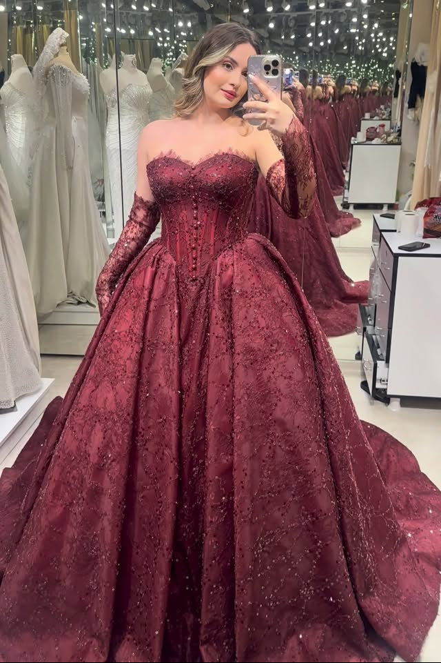 Corset Ball Gown with Sleeves and Beading