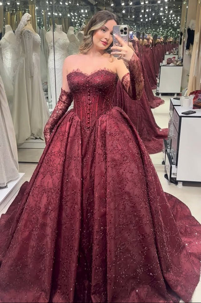 Corset Ball Gown with Sleeves and Beading