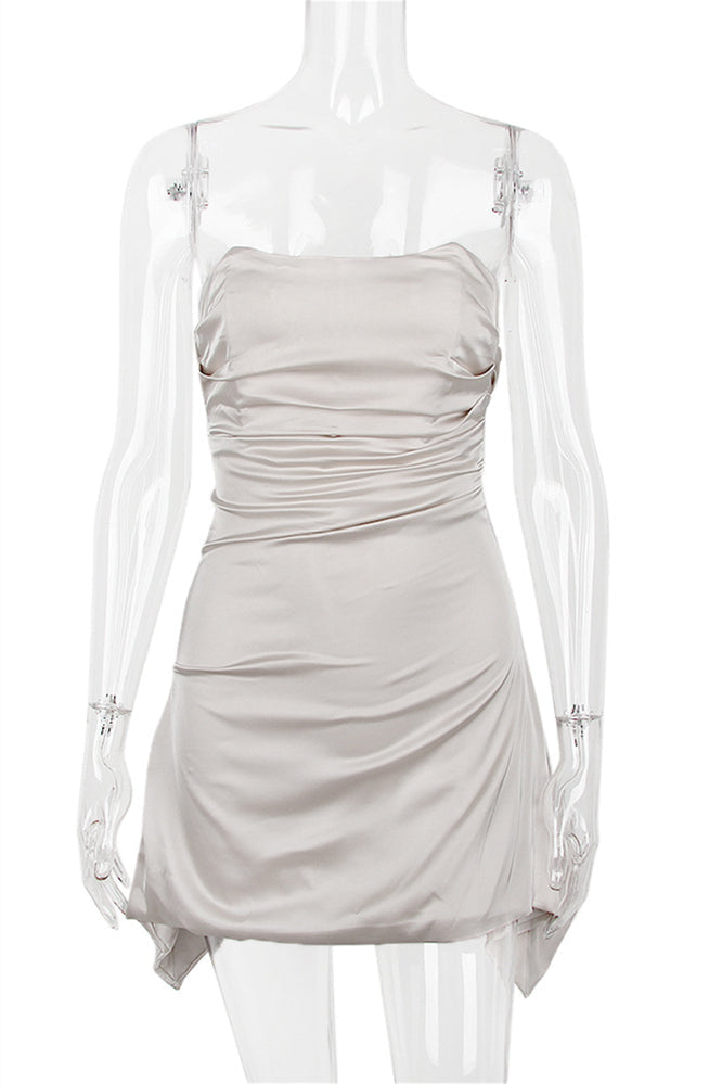 Strapless Ruched Satin Mini Dress