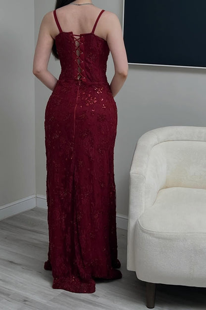 Corset Lace Evening Gown with Spaghetti Straps