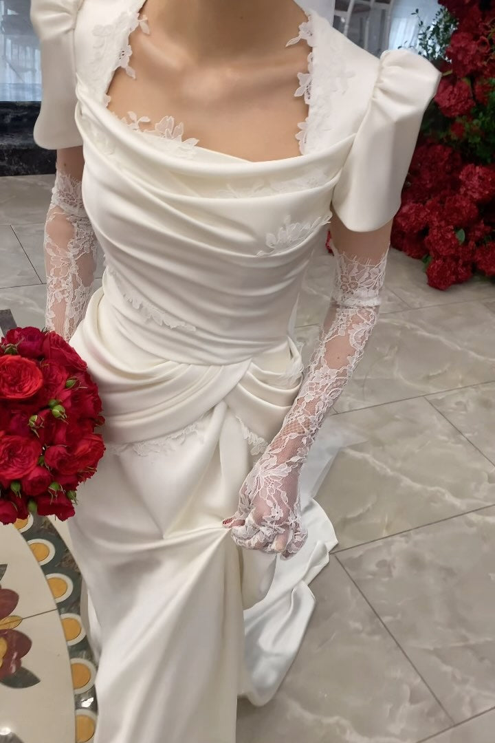 Draped Satin Wedding Dress with Lace Trims