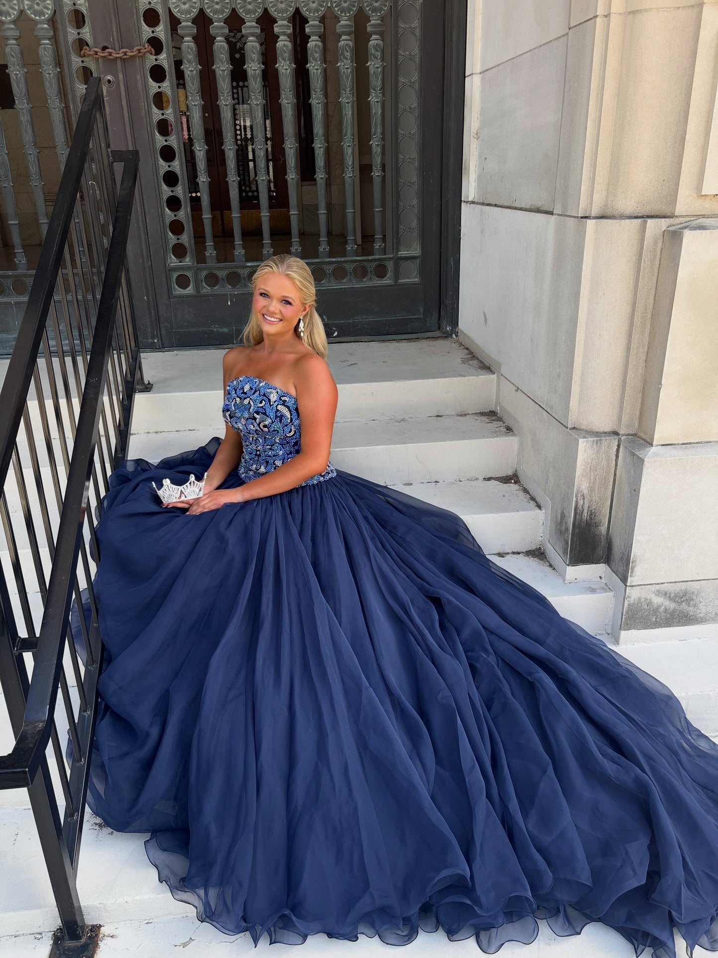 Strapless Beaded Bodice Ball Gown with Tulle Skirt