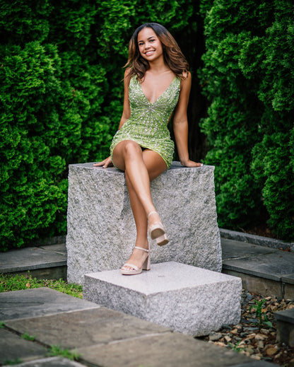 Beaded Plunging V-Neck Mini Dress with Side Cutouts