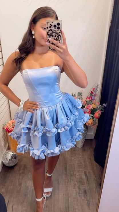 Strapless Satin Tiered Ruffle Mini Party Dress