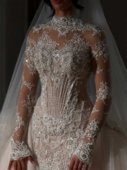 Beaded Lace High Neck Wedding Dress with Overskirt