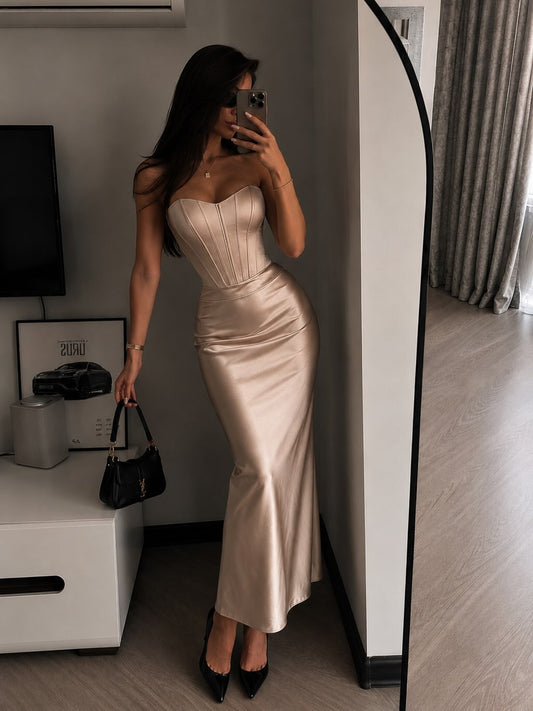 Strapless Corset Satin Mermaid Maxi Dress