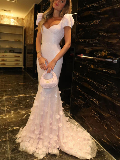 Sparkling Mermaid Gown with 3D Florals & Train