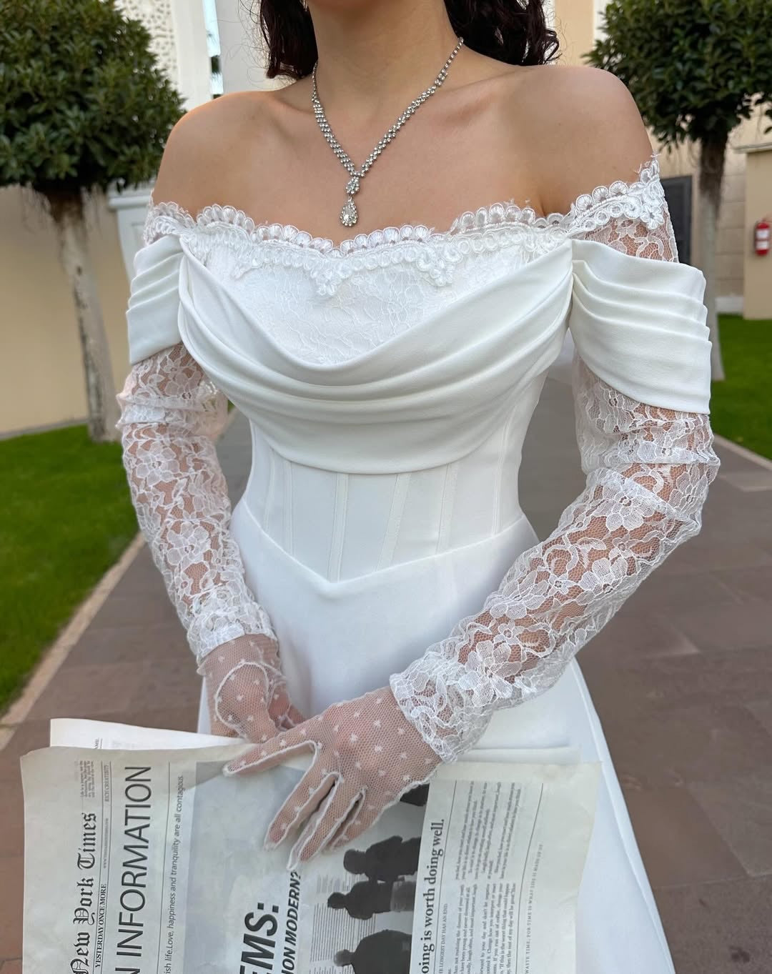 Off-Shoulder Lace Sleeve A-Line Wedding Dress