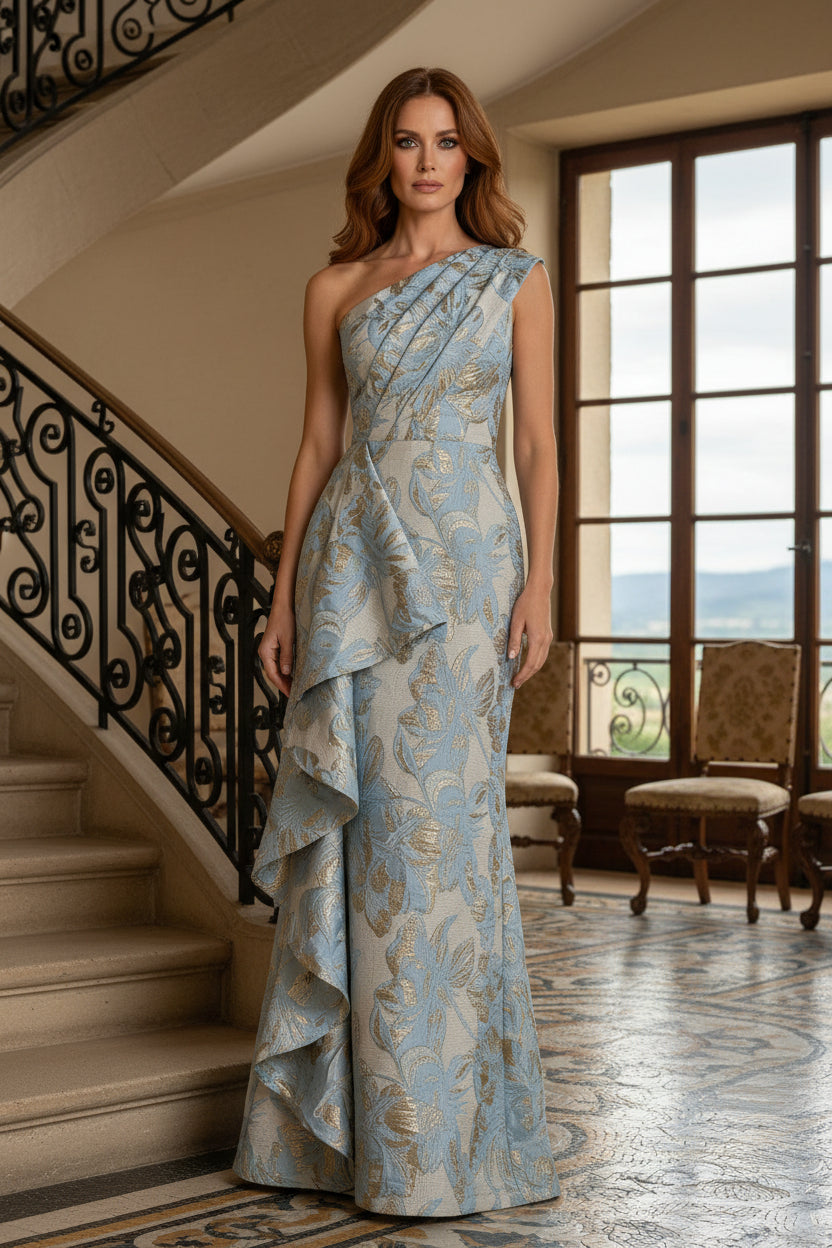 One-Shoulder Floral Jacquard Gown with Cascading Ruffle