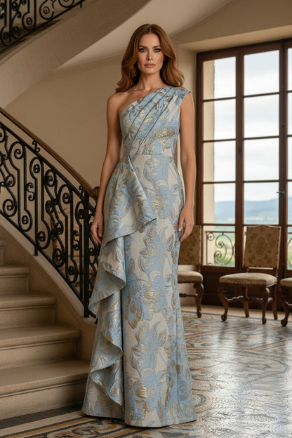 One-Shoulder Floral Jacquard Gown with Cascading Ruffle