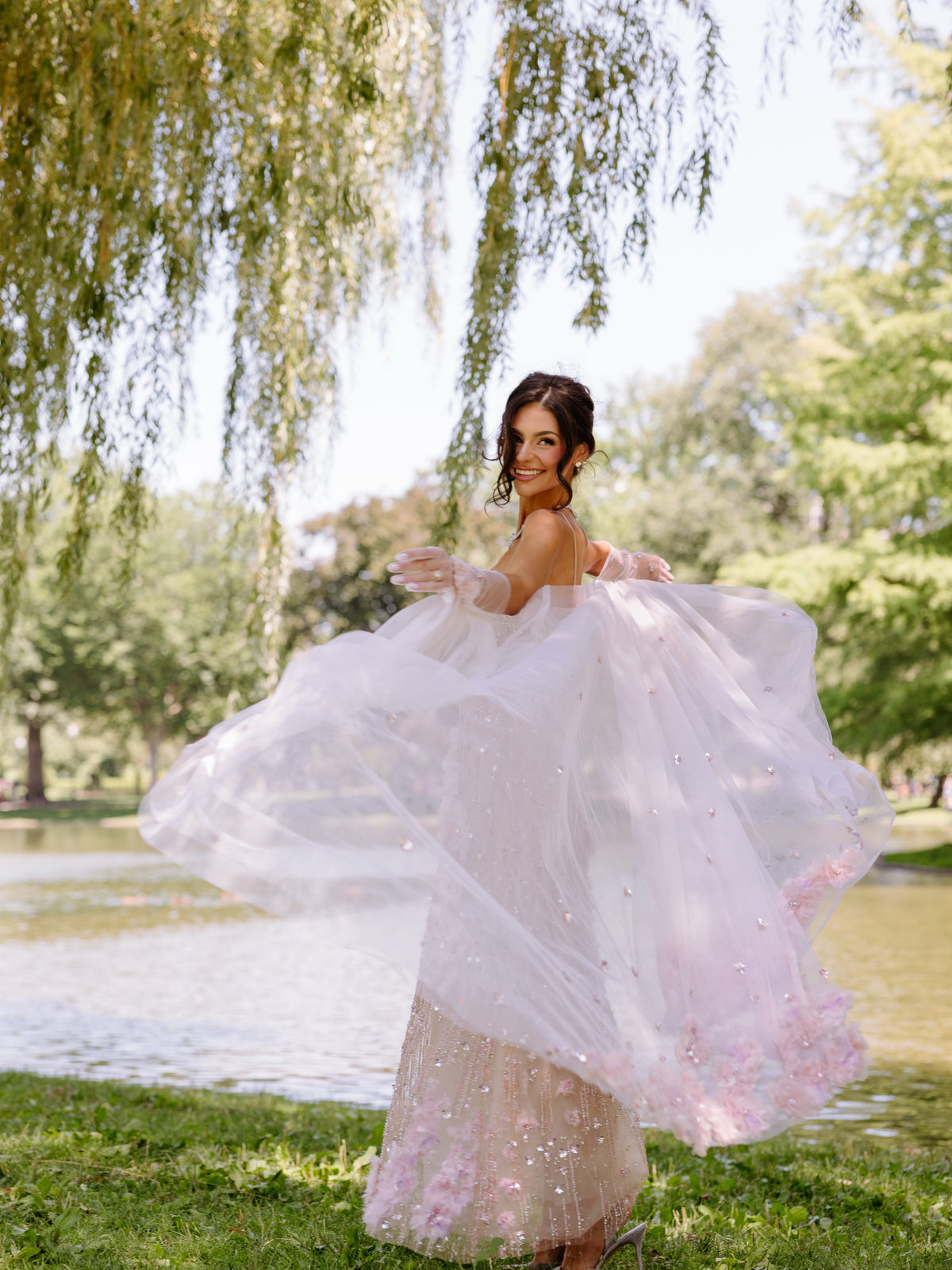 Beaded Fringe Column Gown with 3D Appliques
