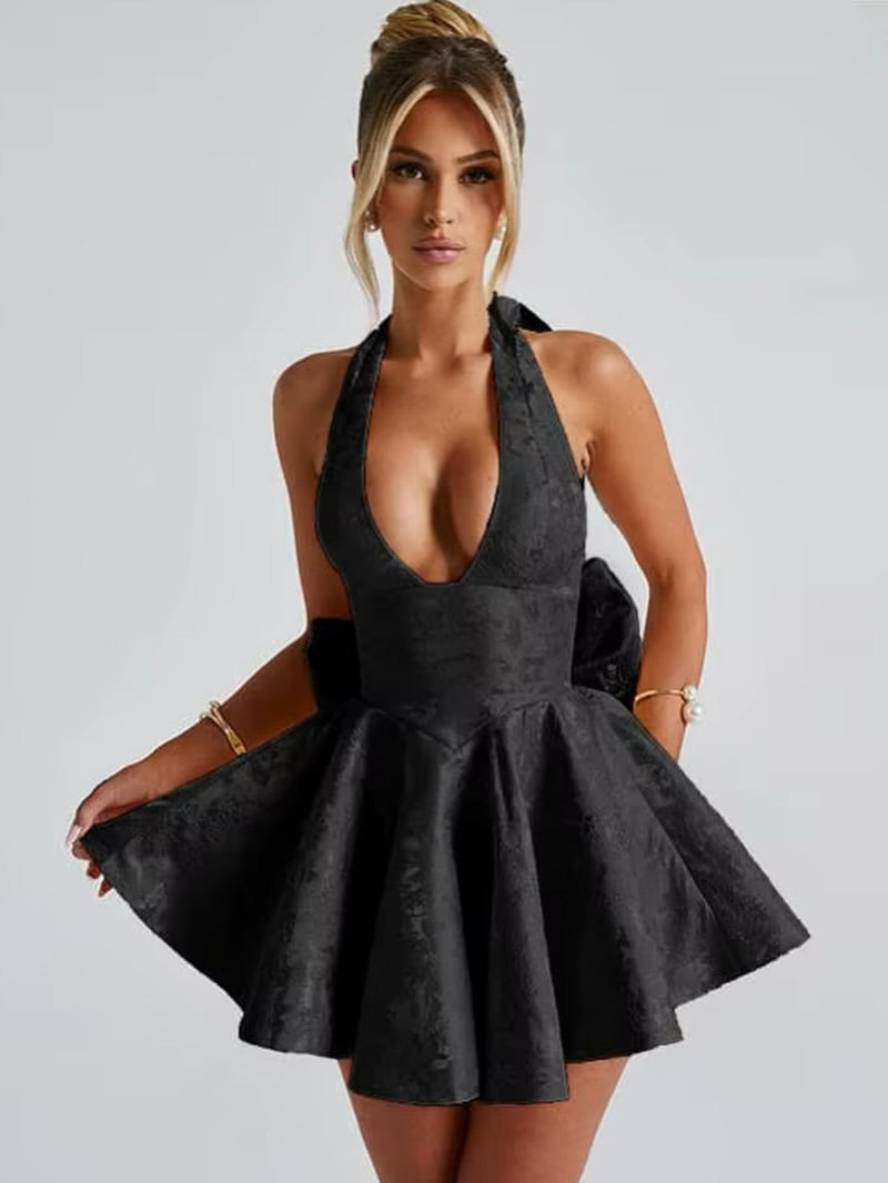 Halter Jacquard Mini Dress with Statement Bow