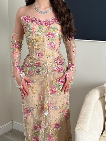 Floral Sequin Corset Evening Gown with Sleeves