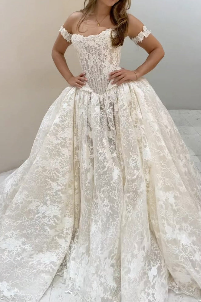 Off-Shoulder Lace Ball Gown Wedding Dress
