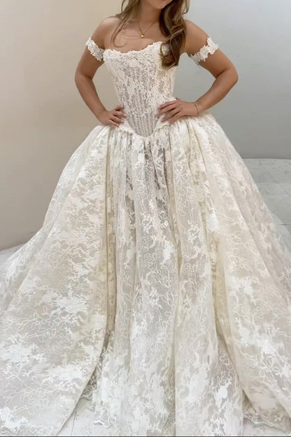Off-Shoulder Lace Ball Gown Wedding Dress