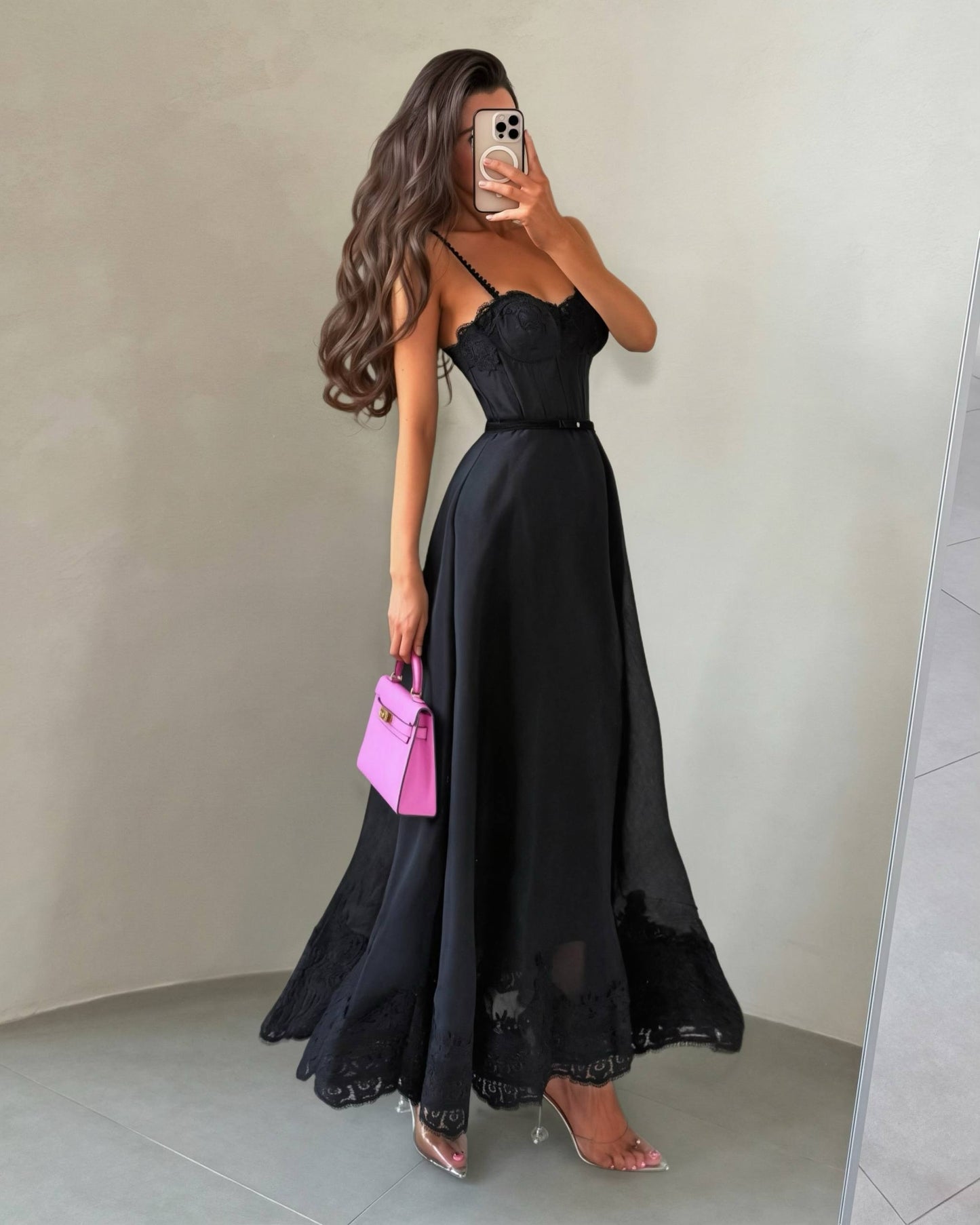 Lace Corset Bodice Satin Maxi Dress with Pearl Straps