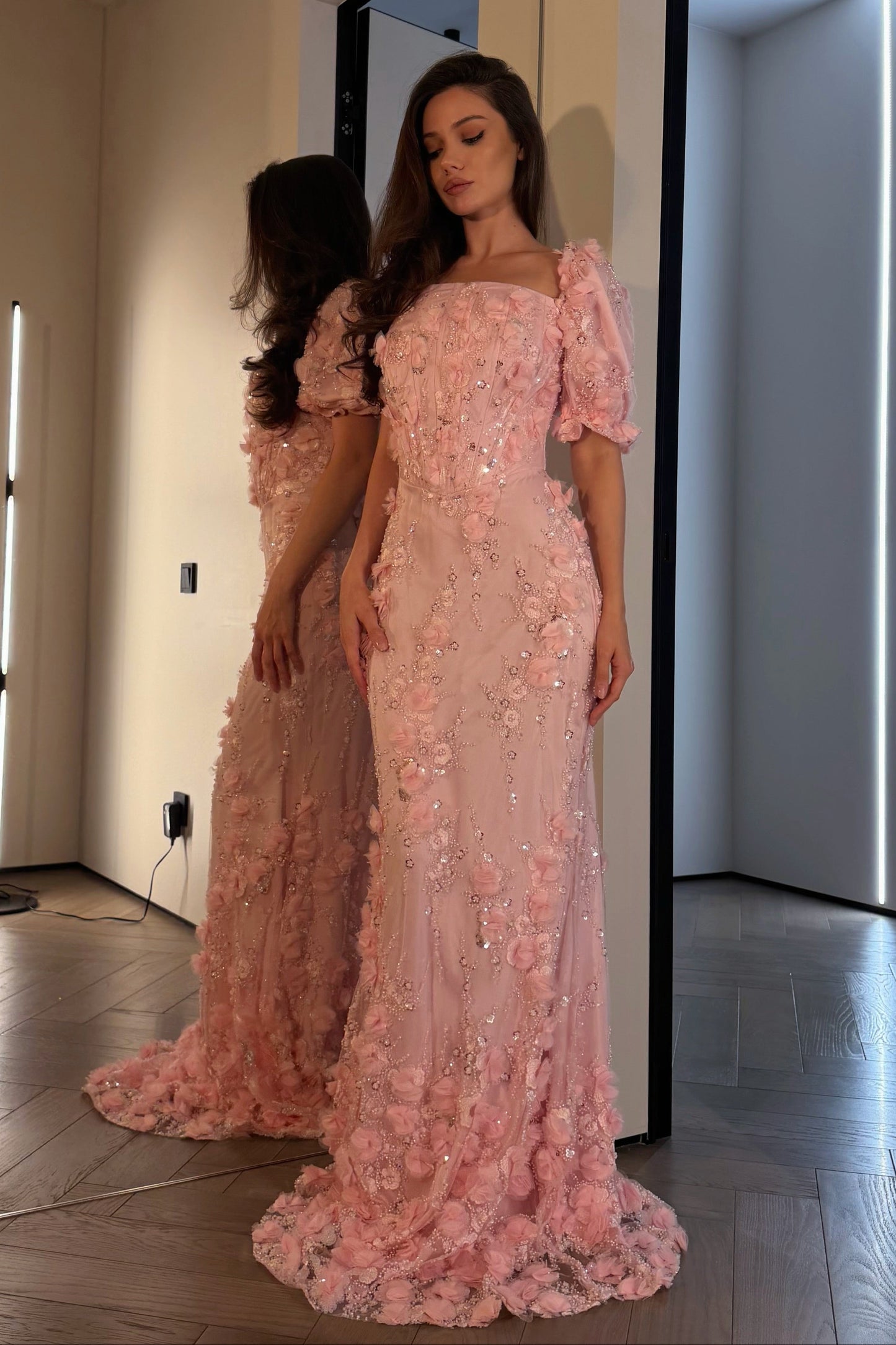 3D Floral Sequin Gown with Puff Sleeves
