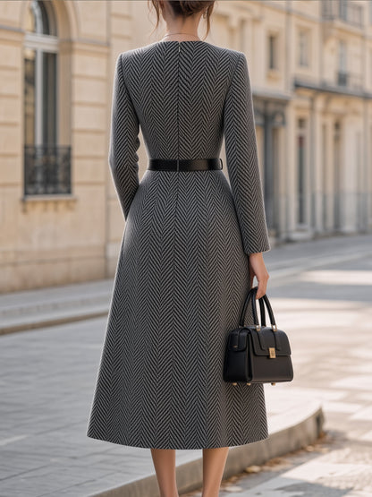 Herringbone Long Sleeve Belted A-Line Midi Dress