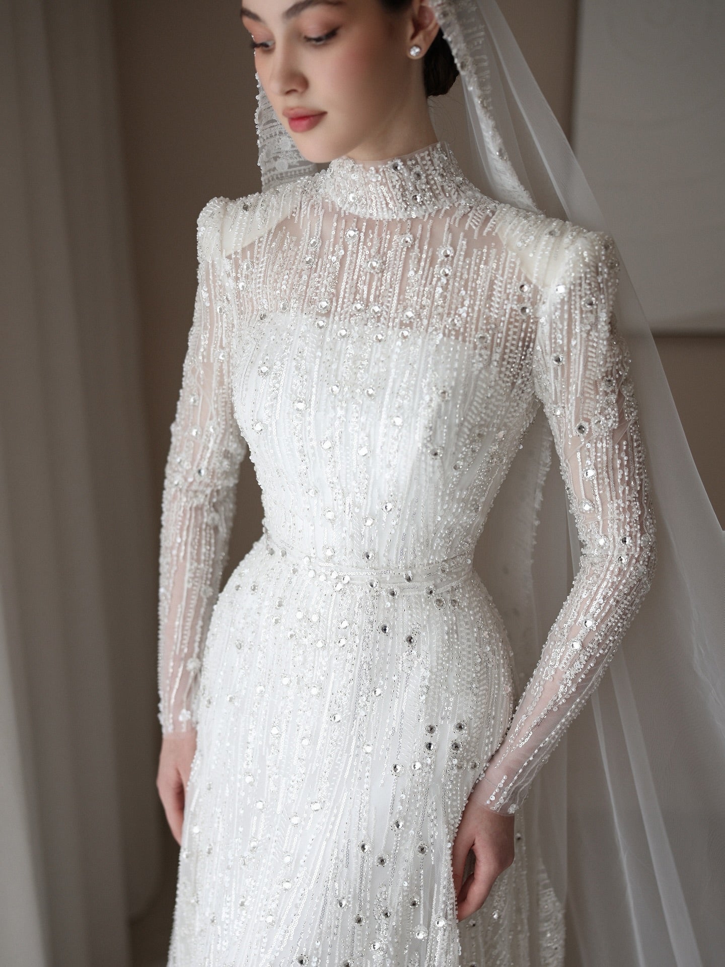 High Neck Beaded Long Sleeve Wedding Dress with Train