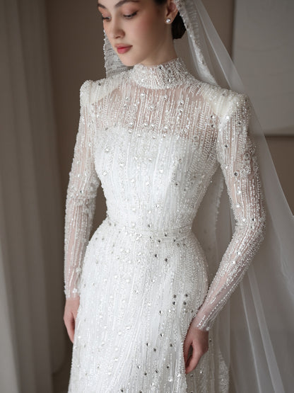 High Neck Beaded Long Sleeve Wedding Dress with Train