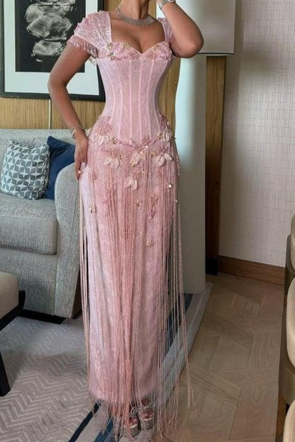 Corset Bodice Fringe Maxi Evening Dress