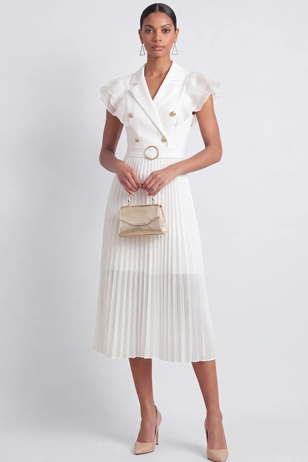 Double-Breasted Pleated Midi Dress with Belt