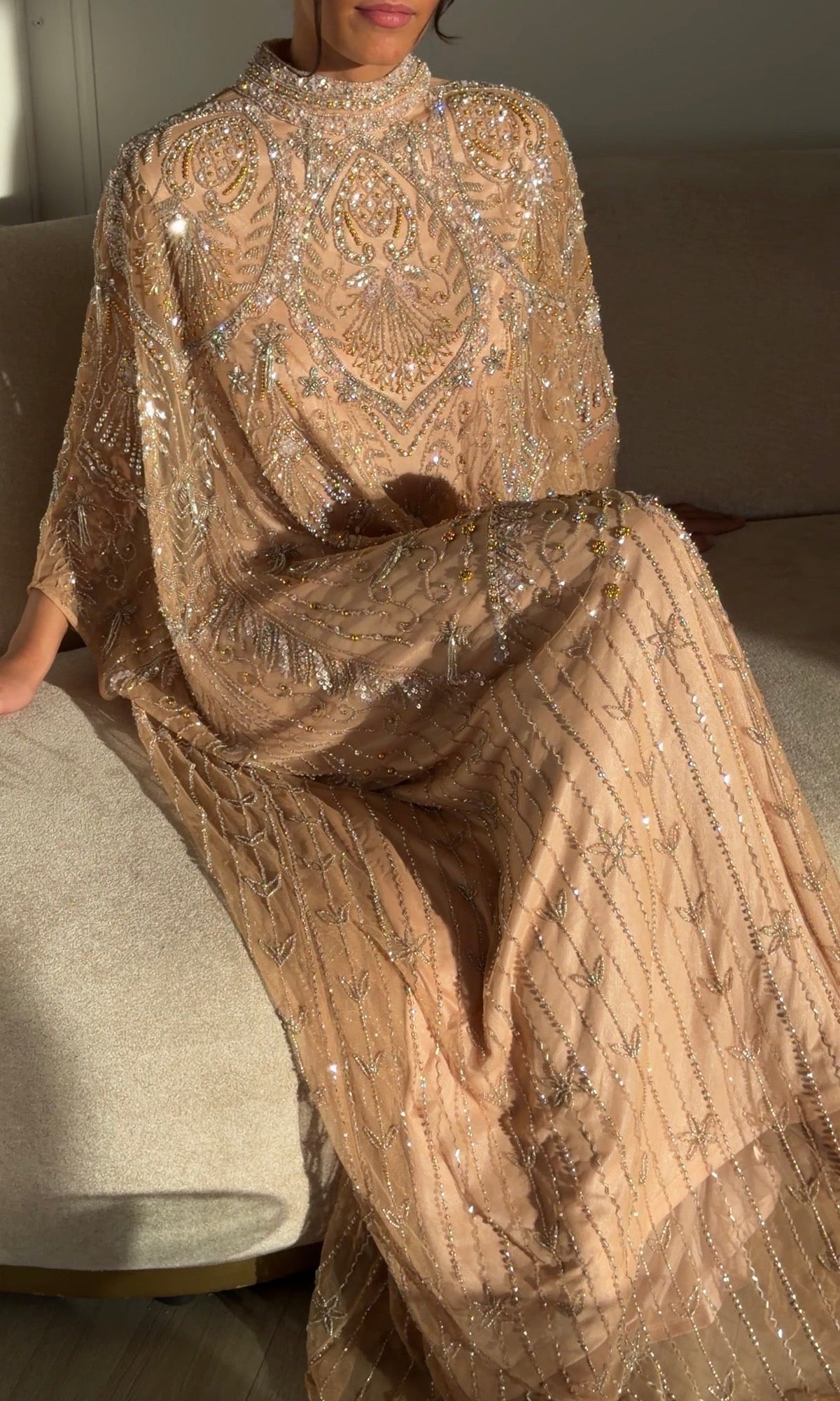 Beaded High Neck Cape Sleeve Evening Gown
