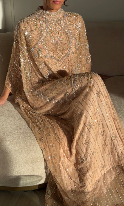 Beaded High Neck Cape Sleeve Evening Gown