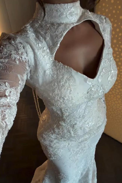 Long Sleeve Lace Mermaid Wedding Dress with Keyhole