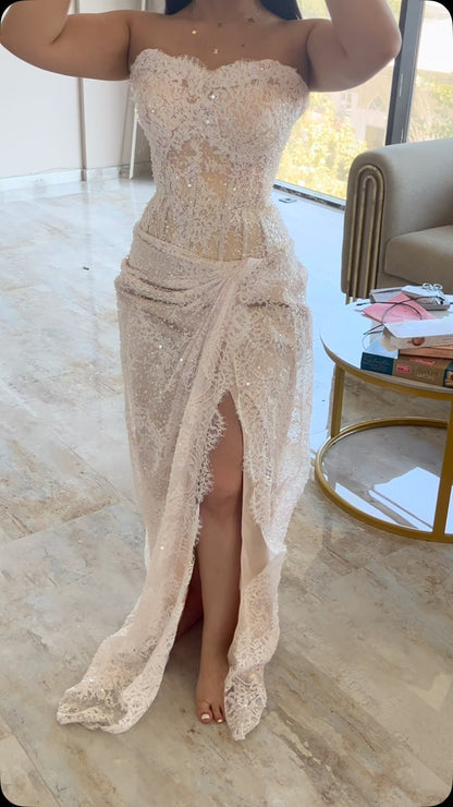 Strapless Lace Corset Gown with High Slit