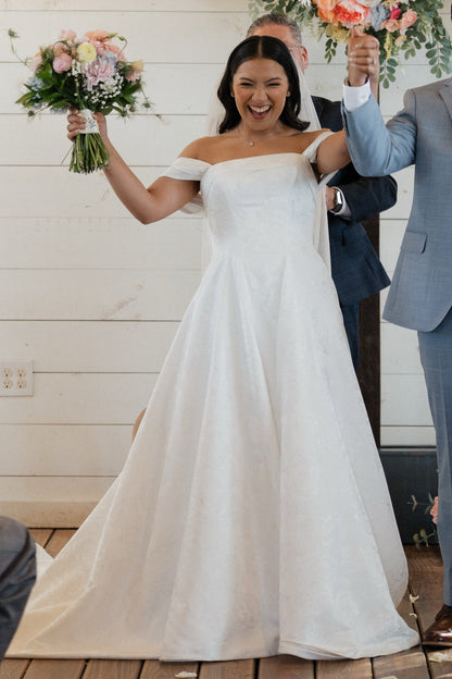 Off-the-Shoulder A-Line Wedding Gown with Fitted Bodice