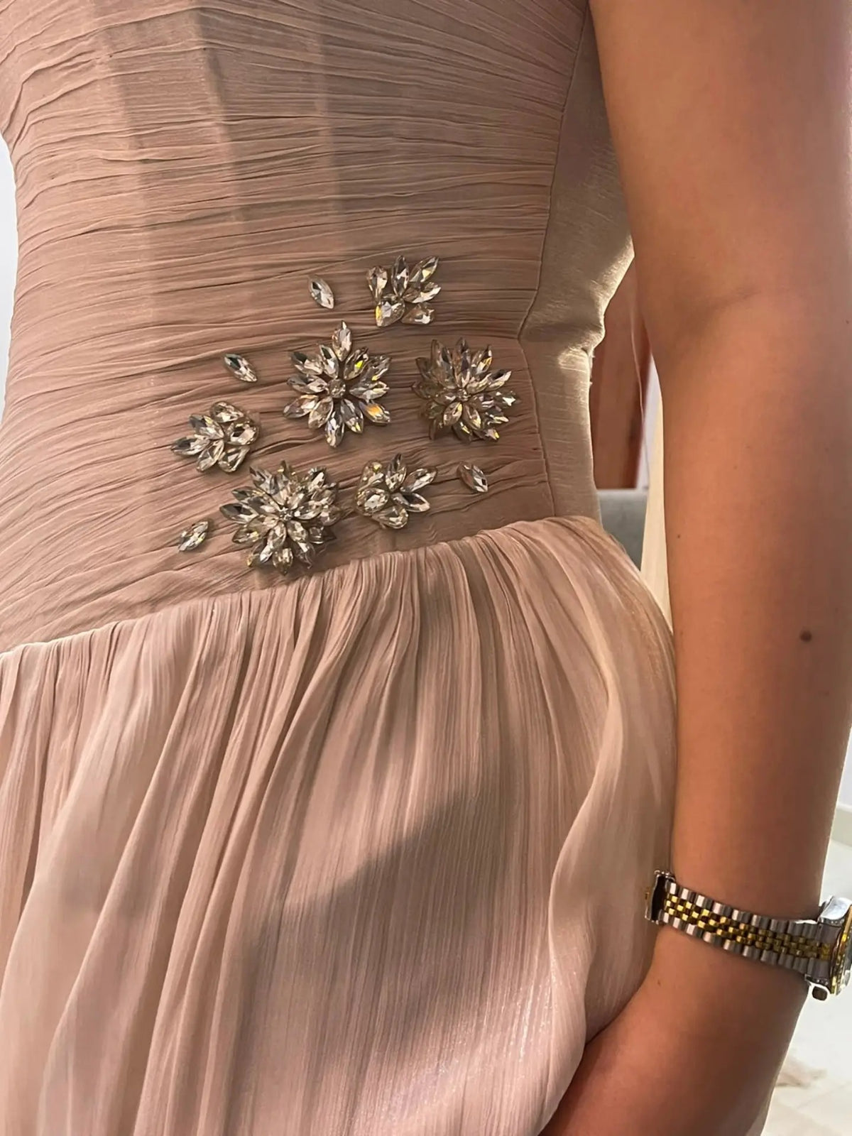 One-Shoulder Pleated Gown with Shoulder Drape