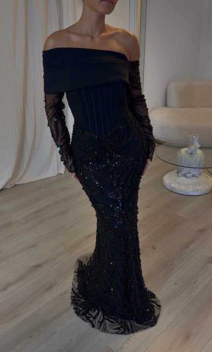 Off-Shoulder Corset Mermaid Gown with Beading