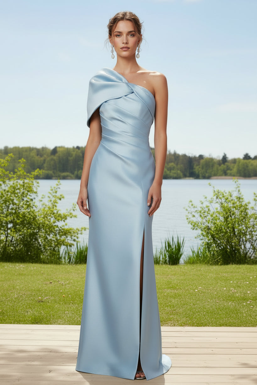Light Blue One Shoulder High Slit Formal Dress