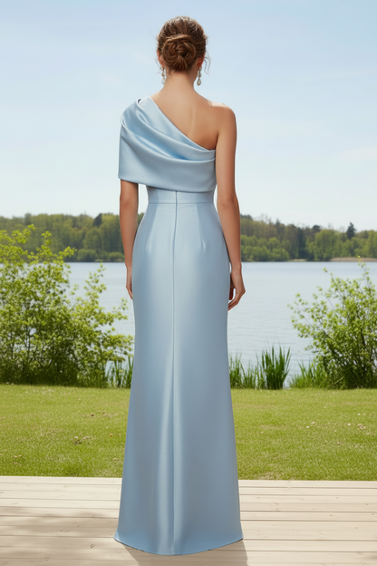 Light Blue One Shoulder High Slit Formal Dress