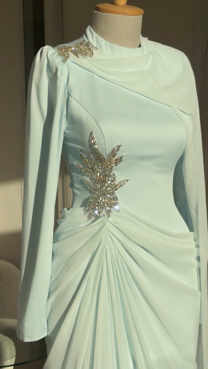 Draped Cape Gown with Crystal Embellishment