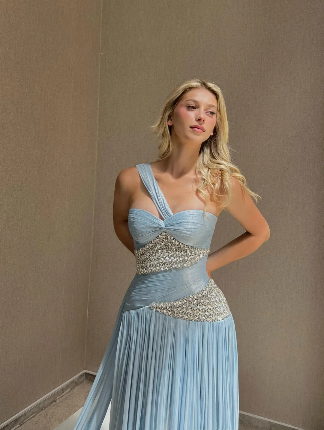 Pleated Asymmetrical Gown with Crystal Accents