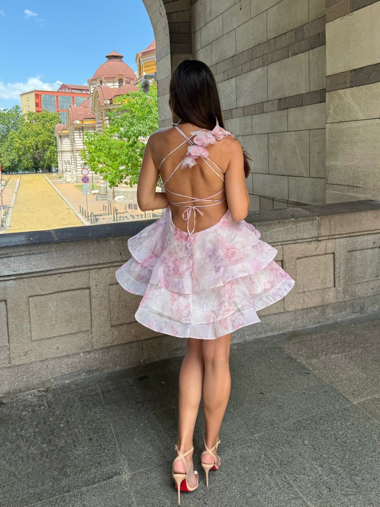 Floral Organza Tiered Mini Dress with 3D Flowers