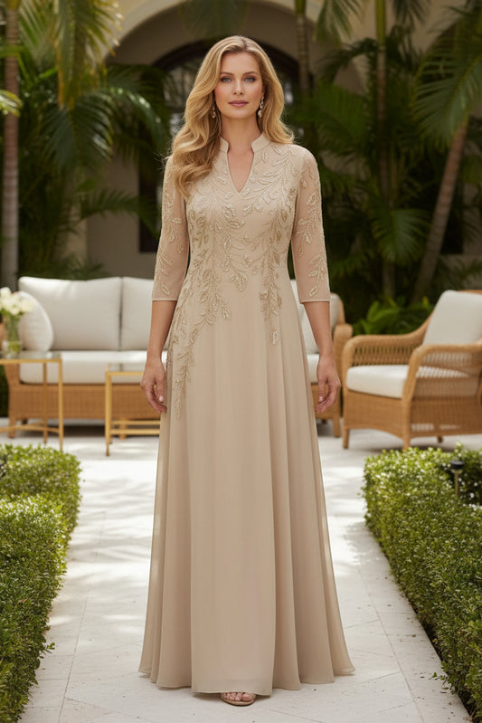 Embroidered Mandarin Collar A-Line Maxi Dress